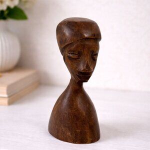 Vintage Hand Carved Wooden African Bust Sculpture Minimalist Tribal Boho Decor